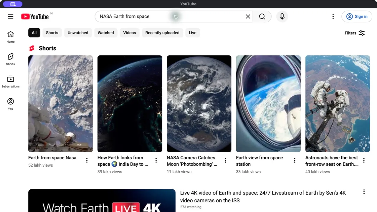 YT Desktop running on macOS with public YouTube search results while signed out